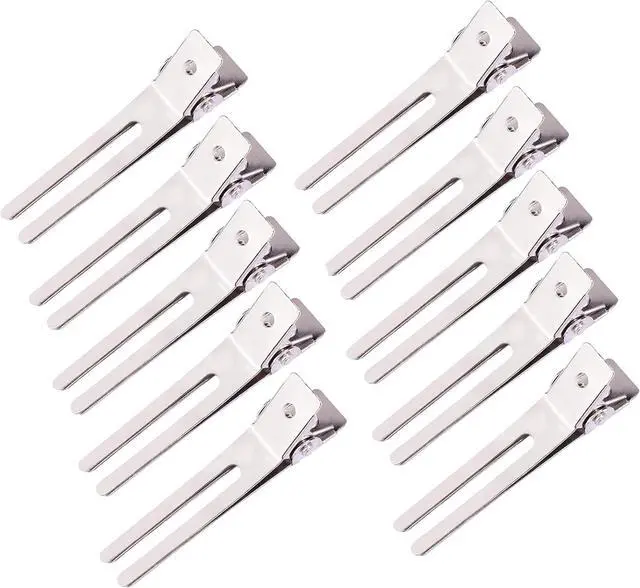 Main image of 10 Pack Double Prong Pin Curl Hair Clips, Silver, 1.8" | Metal Alligator Hair Clip for Hairdressing, Styling, Coloring, Sectioning