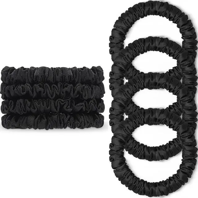 Main image of Scrunchies Hair Ties Silk Satin Scrunchy, WantGor Women 4PC Hair Bands | Pure Mulberry Silk Skinny Elastic Scrunchies Bracelets Ponytail Holders Hair Accessories (Black*4)