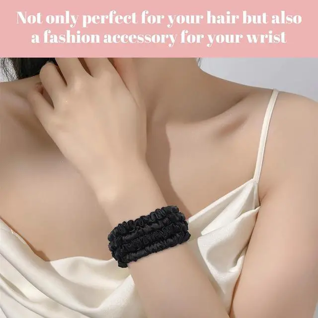 Alt view image 6 of 7 - Scrunchies Hair Ties Silk Satin Scrunchy, WantGor Women 4PC Hair Bands | Pure Mulberry Silk Skinny Elastic Scrunchies Bracelets Ponytail Holders Hair Accessories (Black*4)