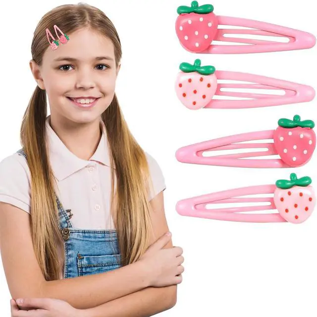 Alt view image 5 of 7 - Mabor 4Pcs Strawberry Hair Clips Pink Snap Hair Clips Barrettes Pink Accessories for Girls Toddlers Kids and Teens Gifts (Left&Right)