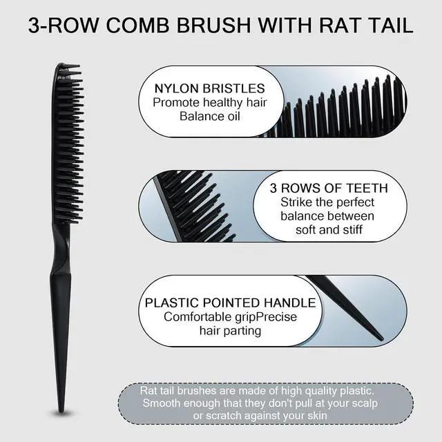 Alt view image 2 of 7 - SIMPOR 3 Row Hair Comb for Natural Detangling Curly, Hair Styling Brush, Nylon Bristle Unbraider Teasing Rat Tail Comb for Women Men Black