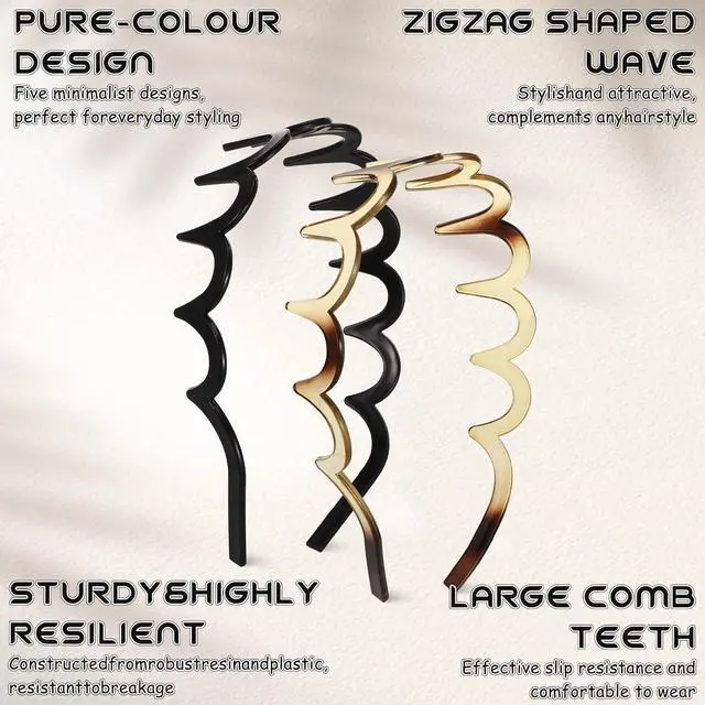 Alt view image 6 of 7 - JATEBI 5 Pcs Non Slip Comb Headband with Teeth for Women | Zig Zag Headbands Classic Wavy Claw Headband 90s U-Shaped Fashion Hair Accessories for Everyday Styling & Workout