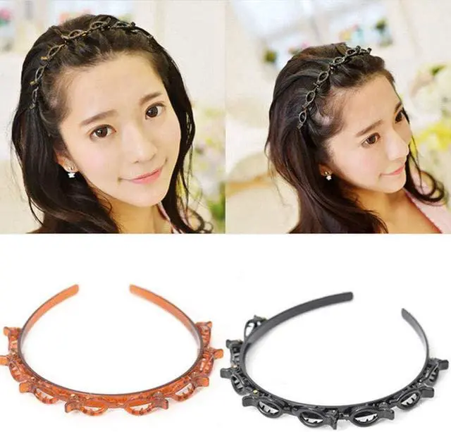 Alt view image 4 of 7 - Double Layer Twist Plait Black Headband Hair Tools, Double Bangs Hairstyle Hairpin, Multi-Layer Hollow Woven Headbands, Hairband with Alligator Clip (Black)