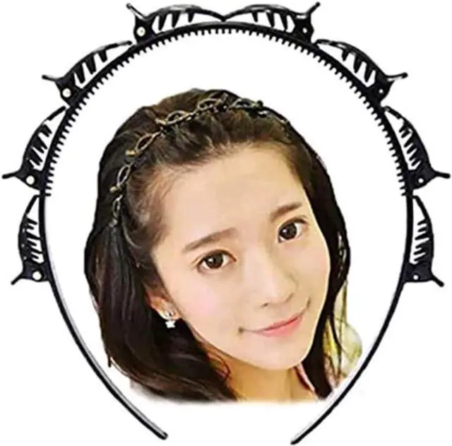 Main image of Double Layer Twist Plait Black Headband Hair Tools, Double Bangs Hairstyle Hairpin, Multi-Layer Hollow Woven Headbands, Hairband with Alligator Clip (Black)