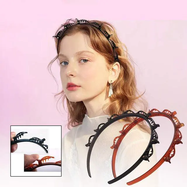 Alt view image 7 of 7 - Double Layer Twist Plait Black Headband Hair Tools, Double Bangs Hairstyle Hairpin, Multi-Layer Hollow Woven Headbands, Hairband with Alligator Clip (Black)