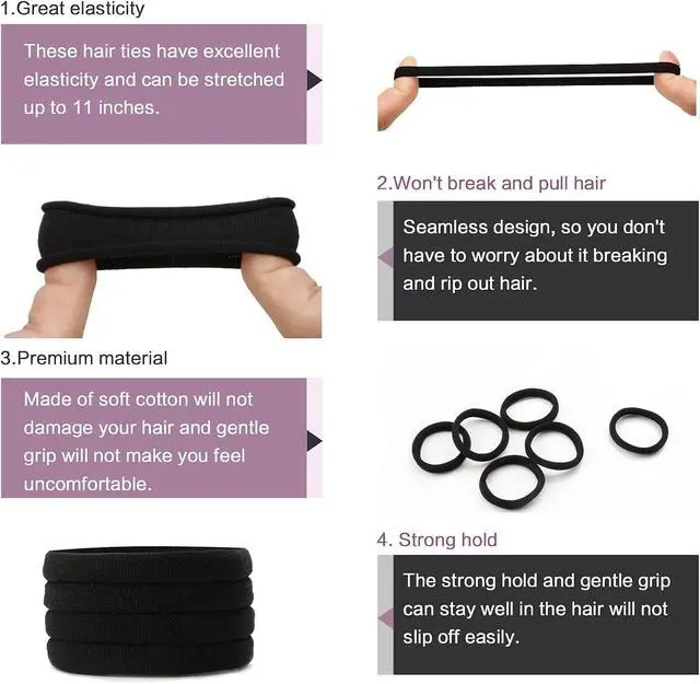 Alt view image 3 of 7 - 100PCS Black Hair Ties for Women, Seamless Cotton Hair Bands No Crease | No Damage Hair Tie for Thick Thin Hair, Soft Ponytail Holders, Hair Accessories for Girls