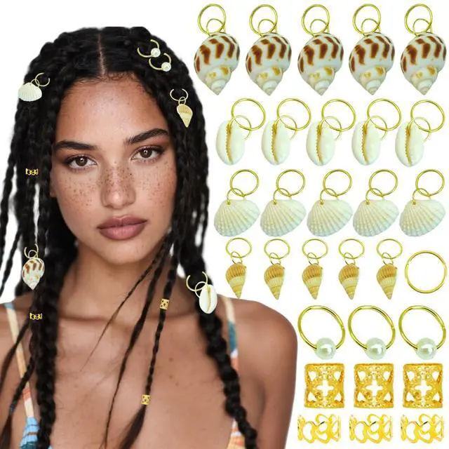 Main image of 60PCS Shell Loc Jewelry Clips Gold Hair Jewelry for Braids Pearl Dreadlock Jewelry Seashell Braids Rings Charms Accessories Hair Decoration for Women