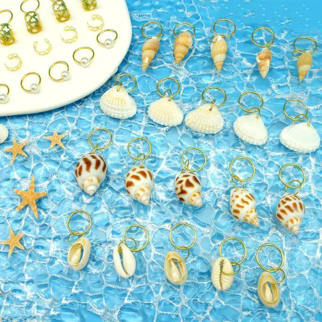 Alt view image 2 of 7 - 60PCS Shell Loc Jewelry Clips Gold Hair Jewelry for Braids Pearl Dreadlock Jewelry Seashell Braids Rings Charms Accessories Hair Decoration for Women
