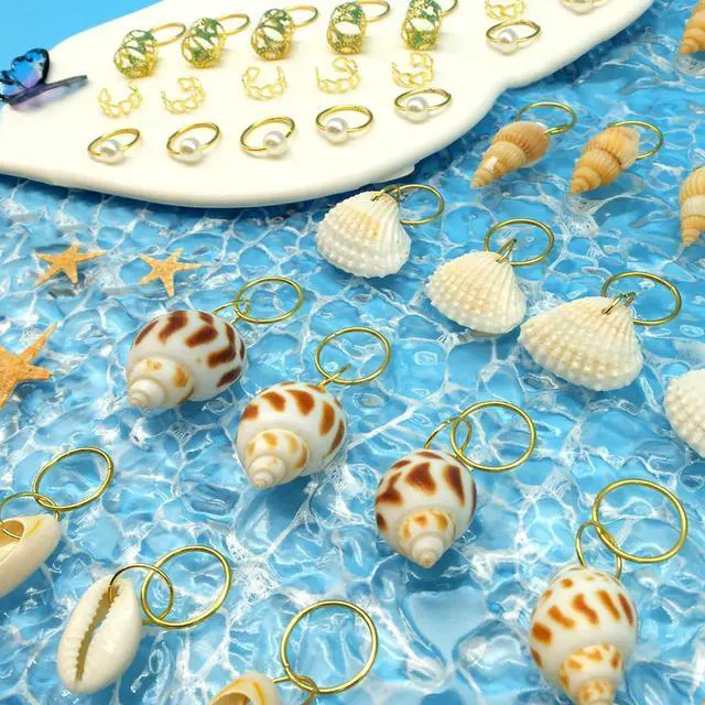 Alt view image 3 of 7 - 60PCS Shell Loc Jewelry Clips Gold Hair Jewelry for Braids Pearl Dreadlock Jewelry Seashell Braids Rings Charms Accessories Hair Decoration for Women