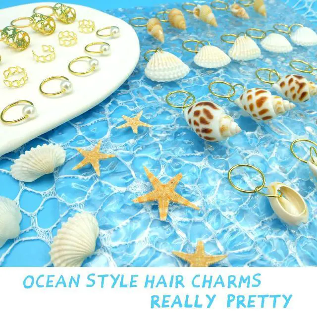 Alt view image 7 of 7 - 60PCS Shell Loc Jewelry Clips Gold Hair Jewelry for Braids Pearl Dreadlock Jewelry Seashell Braids Rings Charms Accessories Hair Decoration for Women