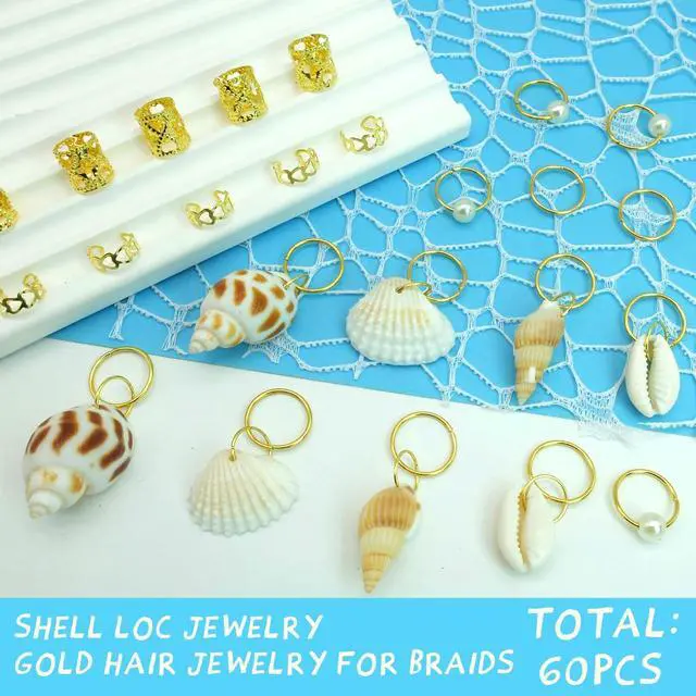 Alt view image 6 of 7 - 60PCS Shell Loc Jewelry Clips Gold Hair Jewelry for Braids Pearl Dreadlock Jewelry Seashell Braids Rings Charms Accessories Hair Decoration for Women