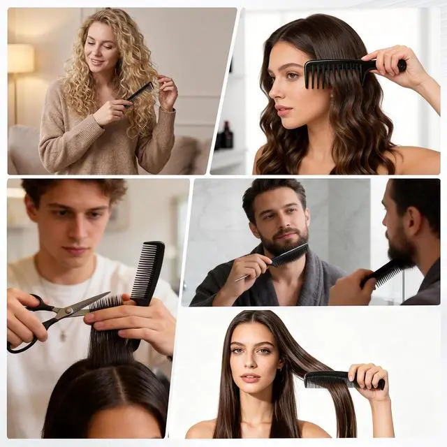 Alt view image 5 of 6 - 5PCS Hair Comb Set - Professional Wide & Fine Tooth Rat Tail Combs for Men WomenCarbon Fiber Comb for Hair Cutting Styling Braiding Parting Teasing Tools(Black)