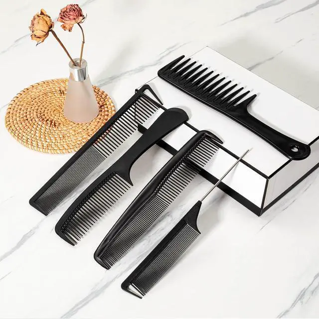 Alt view image 6 of 6 - 5PCS Hair Comb Set - Professional Wide & Fine Tooth Rat Tail Combs for Men WomenCarbon Fiber Comb for Hair Cutting Styling Braiding Parting Teasing Tools(Black)