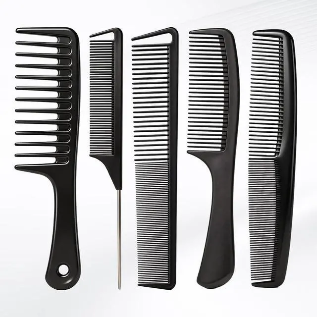 Main image of 5PCS Hair Comb Set - Professional Wide & Fine Tooth Rat Tail Combs for Men WomenCarbon Fiber Comb for Hair Cutting Styling Braiding Parting Teasing Tools(Black)