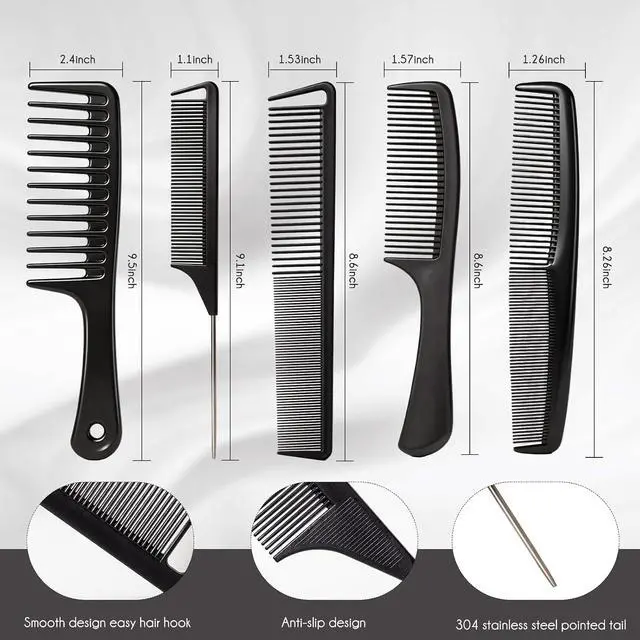 Alt view image 2 of 6 - 5PCS Hair Comb Set - Professional Wide & Fine Tooth Rat Tail Combs for Men WomenCarbon Fiber Comb for Hair Cutting Styling Braiding Parting Teasing Tools(Black)