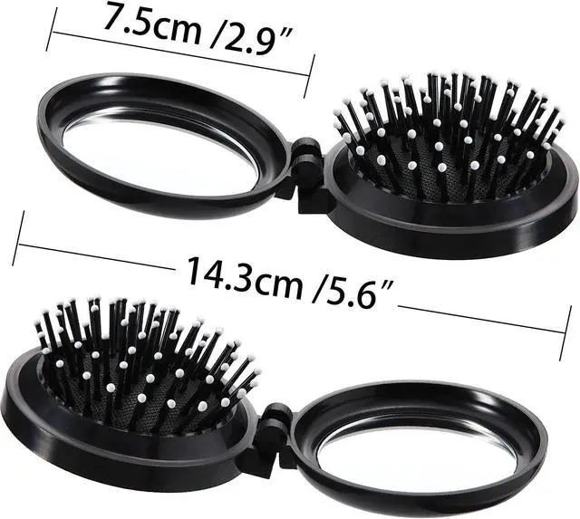 Alt view image 2 of 7 - Boao 2 Pack Foldable Travel Hair Brush Pocket Mirror, Black, Round | Travel Compact for Women Men, Massage Bristles with Ball Tips, Hairbrush Folds into Protective Case, Detangling for Purse Gym