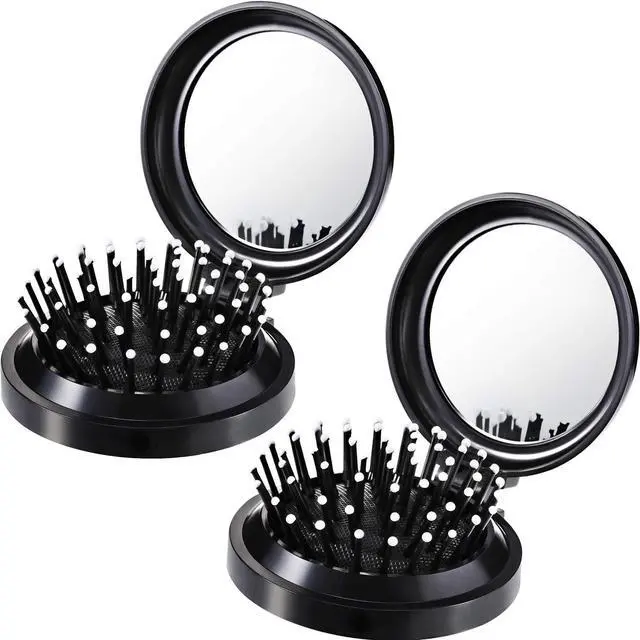 Main image of Boao 2 Pack Foldable Travel Hair Brush Pocket Mirror, Black, Round | Travel Compact for Women Men, Massage Bristles with Ball Tips, Hairbrush Folds into Protective Case, Detangling for Purse Gym