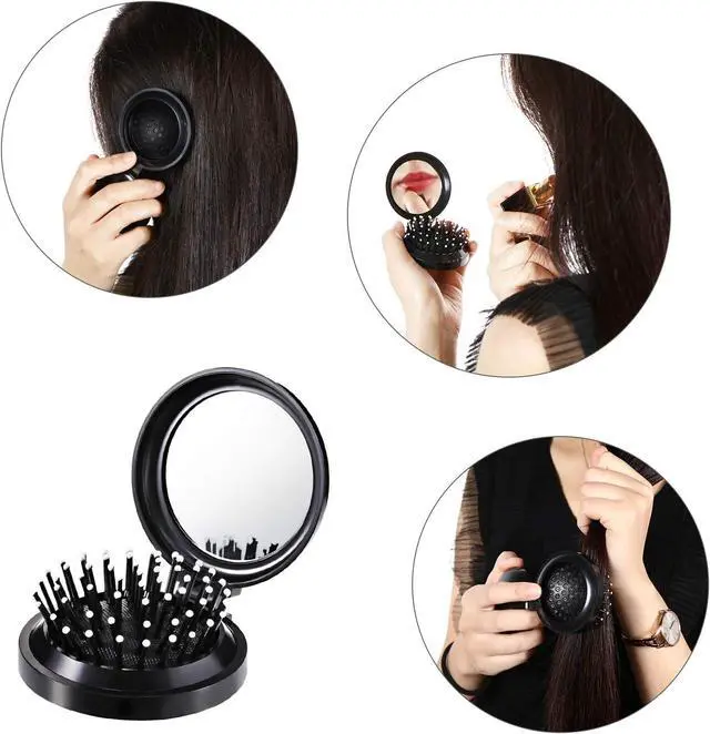 Alt view image 4 of 7 - Boao 2 Pack Foldable Travel Hair Brush Pocket Mirror, Black, Round | Travel Compact for Women Men, Massage Bristles with Ball Tips, Hairbrush Folds into Protective Case, Detangling for Purse Gym
