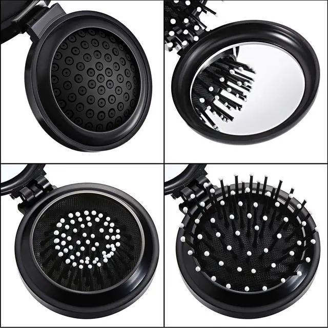 Alt view image 5 of 7 - Boao 2 Pack Foldable Travel Hair Brush Pocket Mirror, Black, Round | Travel Compact for Women Men, Massage Bristles with Ball Tips, Hairbrush Folds into Protective Case, Detangling for Purse Gym