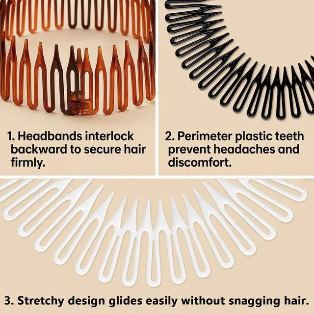 Alt view image 3 of 7 - Chedin Flexible Comb Headband,9 Pcs Plastic Circular Stretch Hair Headband with Teeth,Non Slip Comb Headbands for Women Girls,Classic Design Curly Hair Headwear Accessories
