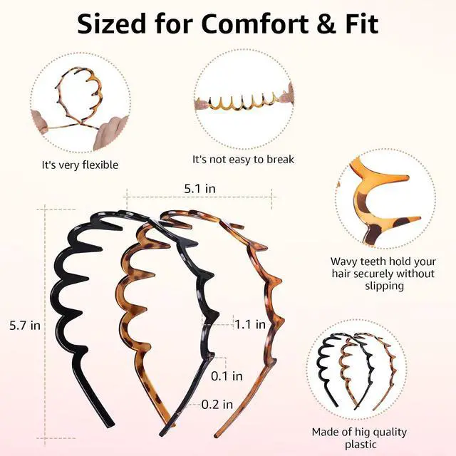 Alt view image 6 of 7 - 2 Pack Zig Zag Headbands for Women, Non-Slip Wavy Plastic Hair Comb Headbands with Teeth, U-Shape High Cranium Korean Style, Classic 90s Hair Accessories, Gifts for Women (Black & Brown)