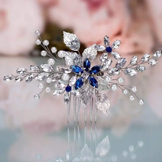 Main image of Olbye Wedding Hair Comb Blue Rhinestone Bridal Hair Accessories for Bride and Bridesmaids Wedding Hair Piece Silver