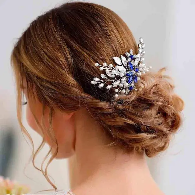 Alt view image 6 of 7 - Olbye Wedding Hair Comb Blue Rhinestone Bridal Hair Accessories for Bride and Bridesmaids Wedding Hair Piece Silver