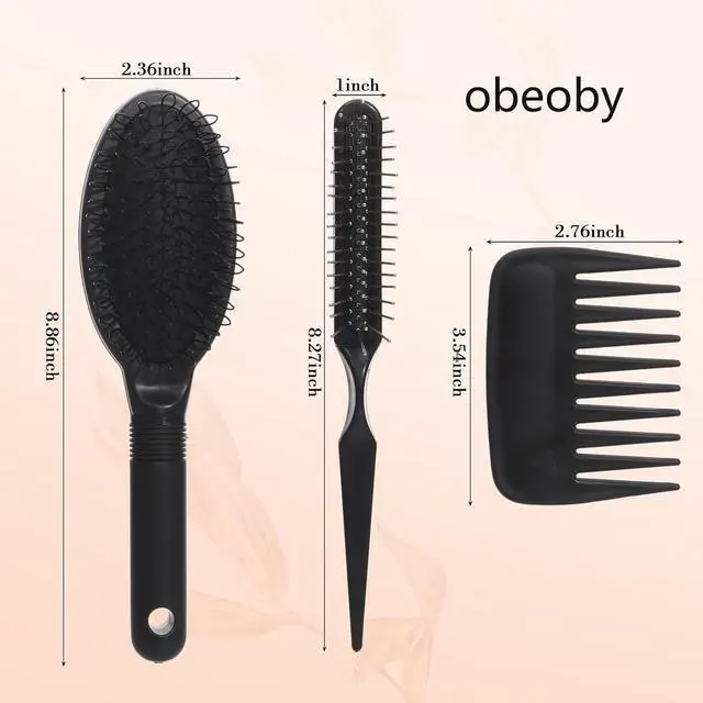 Alt view image 2 of 7 - obeoby 3Pcs Wig Brush Comb Set for Wigs & Extensions, Black | Loop Brush, Wide-Tooth Comb & Edge Comb; Gentle Detangling for Human Hair, Synthetic Wigs, Lace Fronts & Extensions