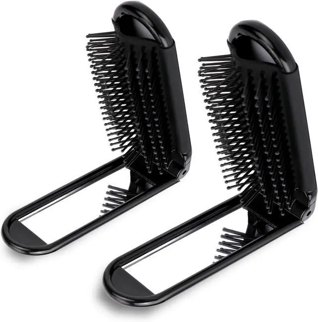 Main image of 2 Pcs Foldable Hair Brush with Mirror Portable Travel Hair Brush Pocket Size Anti-static Mini Hairbrush Small Compact Massage Comb Hair Styling Tools for Women Girls Home Travel Gym Purse (Black)