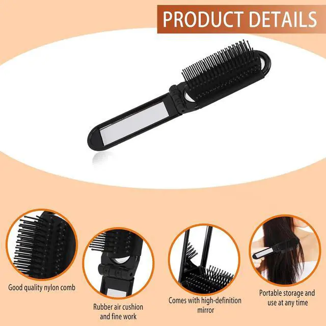 Alt view image 4 of 7 - 2 Pcs Foldable Hair Brush with Mirror Portable Travel Hair Brush Pocket Size Anti-static Mini Hairbrush Small Compact Massage Comb Hair Styling Tools for Women Girls Home Travel Gym Purse (Black)