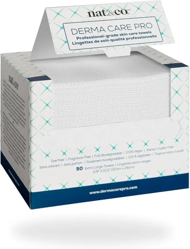 Main image of Nat.&Co. Derma Care Pro 100% USDA Biobased Material - Professional Grade Extra Large Face Towels - Bio-Based Towel, Makeup Remover Dry Wipes, Facial Wash Cloths for Sensitive and Clean Skin - 50 Count