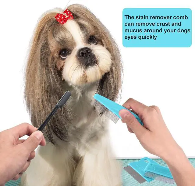 Alt view image 6 of 7 - 5 Pieces Dog Eye Combs Tear Stain Remover Combs Pet Grooming Comb for Small Dogs Gently Removing Eye Mucus and Crust (Light Blue, Black)