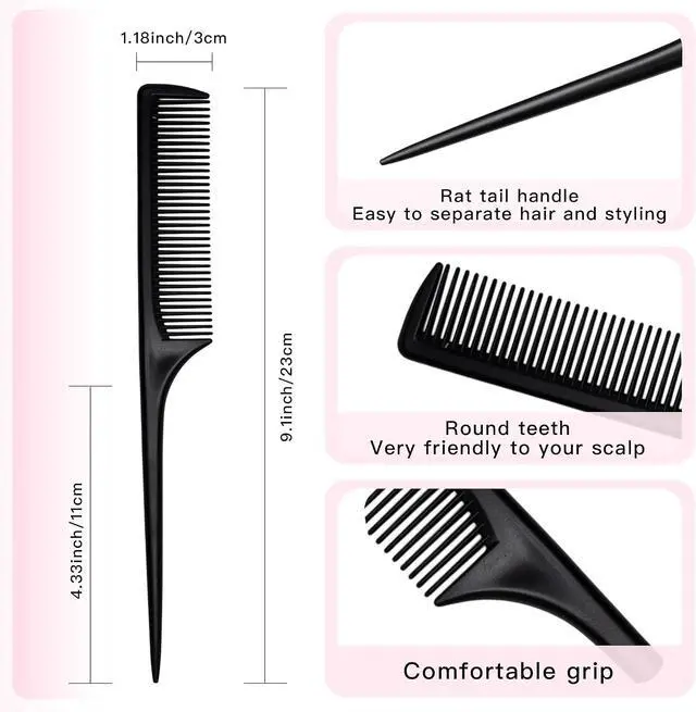 Alt view image 2 of 6 - 24 Pcs Rat Tail Comb Set for Women -Fine Tooth Styling comb with Pick, Anti-Static Heat Resistant Teasing Comb,Professional Hair Parting Tools for Smooth Detangling, Updos & Salon-Perfect Hairstyles.
