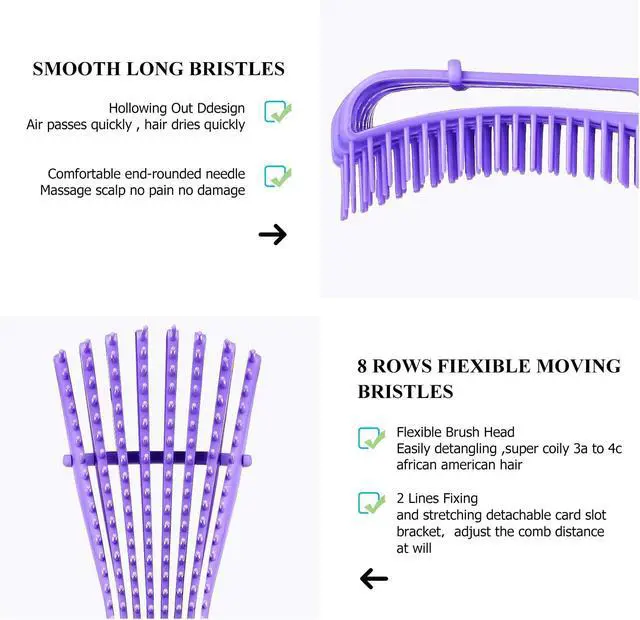 Alt view image 2 of 7 - URTHEONE Detangling Brush for Black Natural Hair, 3A-4C Curly Afro Brush | Wet Dry Detangler Comb for Kinky Coily Wavy Hair, Pain Free No Pull with Comfortable Grip, Easy Clean for Adults Kids(Purple)