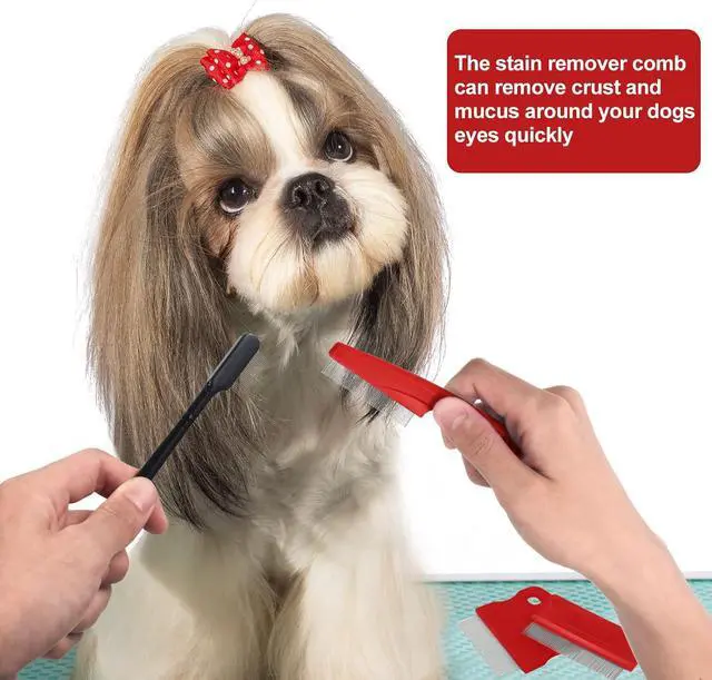 Alt view image 5 of 7 - 5 Pieces Dog Eye Combs Tear Stain Remover Combs Pet Grooming Comb for Small Dogs Gently Removing Eye Mucus and Crust (Red, Black)