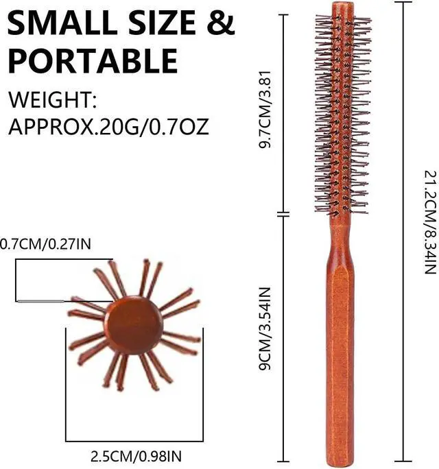 Alt view image 2 of 7 - Round Hair Brushes Small Rounded Hair Brush, Skinny Thin Round Brush Small, Wooden Circle Thin Circular Hair Brush, Unisex for Short Hair Styling, Bangs, 8.3x1.0in, Brown