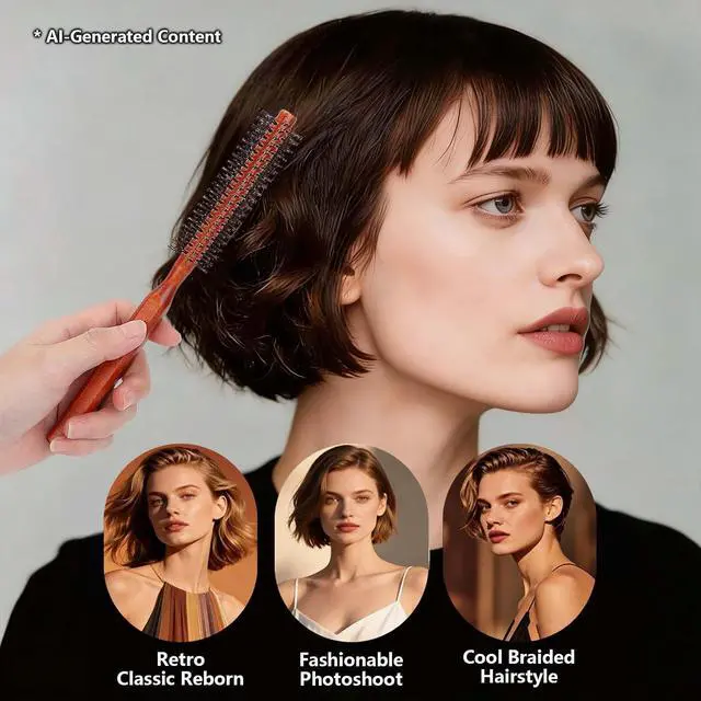 Alt view image 3 of 7 - Round Hair Brushes Small Rounded Hair Brush, Skinny Thin Round Brush Small, Wooden Circle Thin Circular Hair Brush, Unisex for Short Hair Styling, Bangs, 8.3x1.0in, Brown