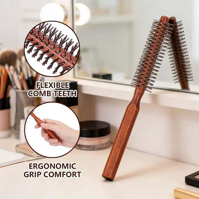 Alt view image 6 of 7 - Round Hair Brushes Small Rounded Hair Brush, Skinny Thin Round Brush Small, Wooden Circle Thin Circular Hair Brush, Unisex for Short Hair Styling, Bangs, 8.3x1.0in, Brown
