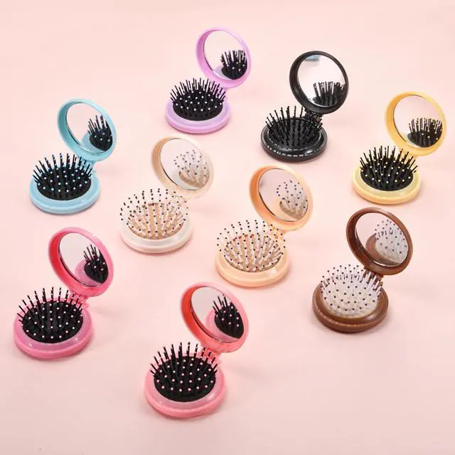 Alt view image 2 of 7 - 9 Pack Mini Hair Brush Foldable Travel Hair Brushes with Mirror Round Portable Folding Pocket Hair Brush Mini Comb Compact Travel Size Massage Comb for Men Women