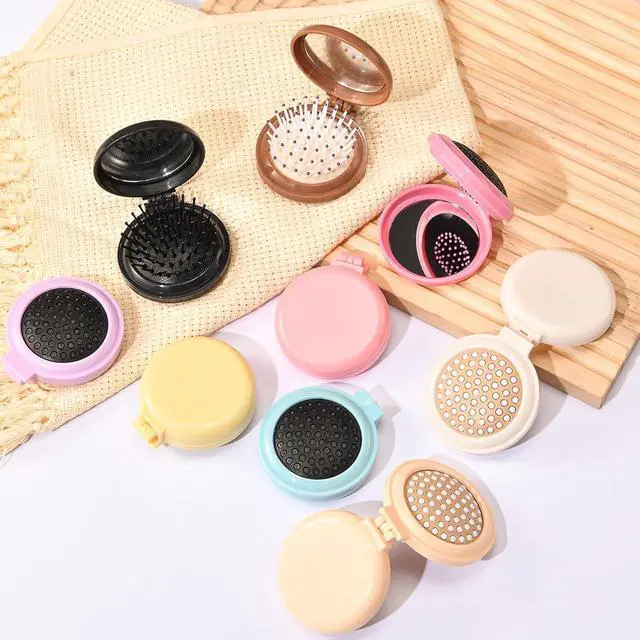 Alt view image 6 of 7 - 9 Pack Mini Hair Brush Foldable Travel Hair Brushes with Mirror Round Portable Folding Pocket Hair Brush Mini Comb Compact Travel Size Massage Comb for Men Women
