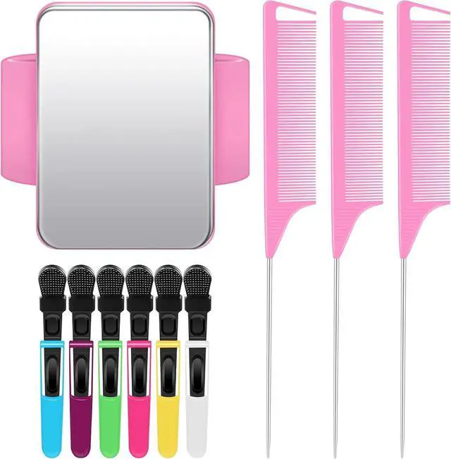 Main image of Geiserailie 10 Pcs Magnetic Gel Wrist Styling Tool Set,Pink Wrist Strap | Silicone Band Holder for Braiders, 3 Rat Tail Combs 6 Clips Included, Hands-free Storage for Stylists, Salon Hair Tools