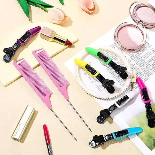 Alt view image 5 of 7 - Geiserailie 10 Pcs Magnetic Gel Wrist Styling Tool Set,Pink Wrist Strap | Silicone Band Holder for Braiders, 3 Rat Tail Combs 6 Clips Included, Hands-free Storage for Stylists, Salon Hair Tools