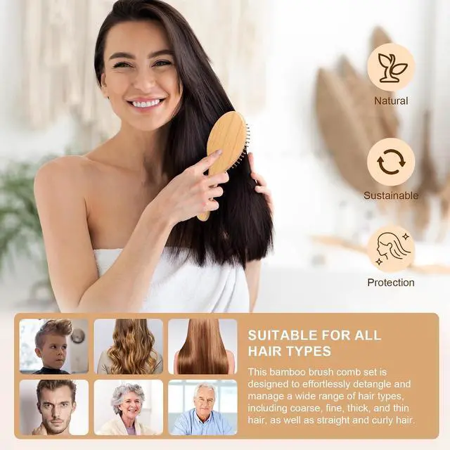 Alt view image 4 of 7 - DEBETOOL Bamboo Hair Brush Set with Wide-tooth and Tail Comb | Natural Wooden Paddle Brush for Hair Growth, Ergonomic Detangler for Thick Curly Hair, Women Gift Kit