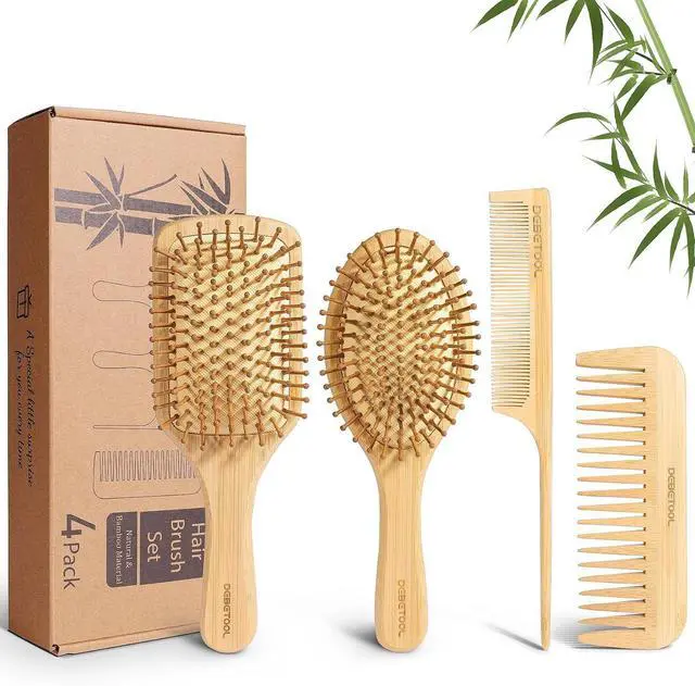 Main image of DEBETOOL Bamboo Hair Brush Set with Wide-tooth and Tail Comb | Natural Wooden Paddle Brush for Hair Growth, Ergonomic Detangler for Thick Curly Hair, Women Gift Kit