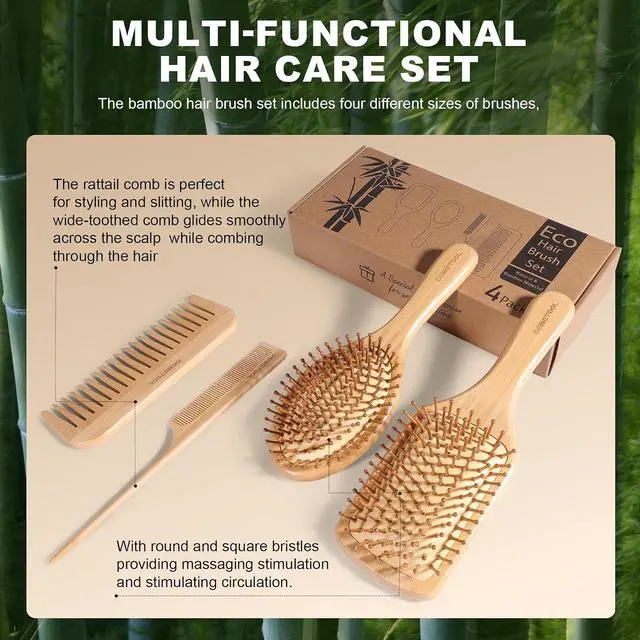 Alt view image 3 of 7 - DEBETOOL Bamboo Hair Brush Set with Wide-tooth and Tail Comb | Natural Wooden Paddle Brush for Hair Growth, Ergonomic Detangler for Thick Curly Hair, Women Gift Kit