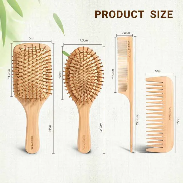 Alt view image 2 of 7 - DEBETOOL Bamboo Hair Brush Set with Wide-tooth and Tail Comb | Natural Wooden Paddle Brush for Hair Growth, Ergonomic Detangler for Thick Curly Hair, Women Gift Kit