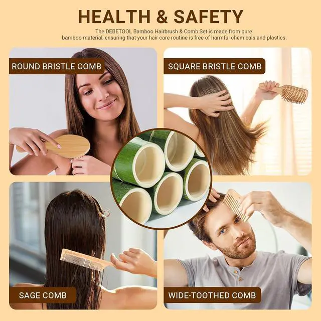Alt view image 6 of 7 - DEBETOOL Bamboo Hair Brush Set with Wide-tooth and Tail Comb | Natural Wooden Paddle Brush for Hair Growth, Ergonomic Detangler for Thick Curly Hair, Women Gift Kit