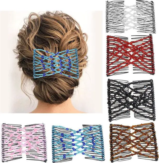Main image of 6 Pieces Magic Hair Comb Elastic Beaded Hair Clips Women Stretchy Bride Double Slides Hairpins Combs for Women Ladies Girls DIY Hair Styling Accessories