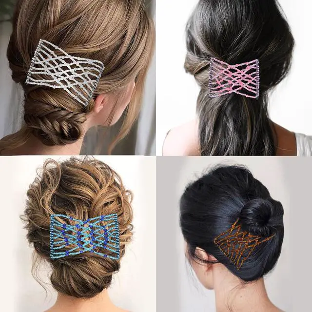 Alt view image 2 of 7 - 6 Pieces Magic Hair Comb Elastic Beaded Hair Clips Women Stretchy Bride Double Slides Hairpins Combs for Women Ladies Girls DIY Hair Styling Accessories
