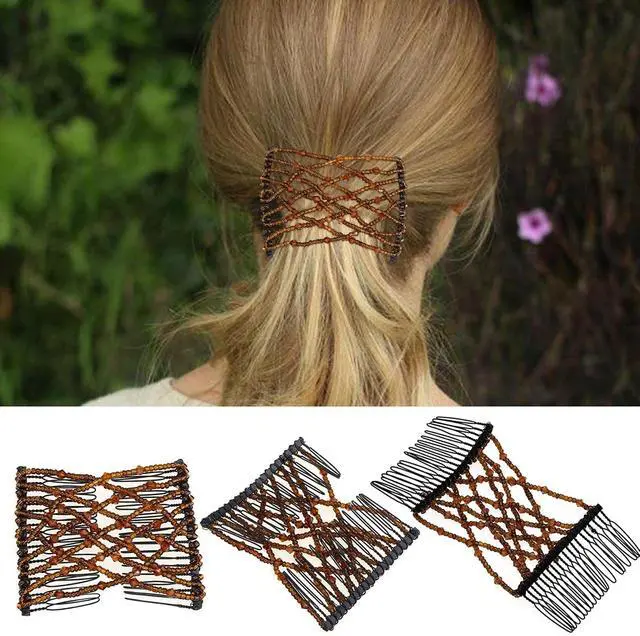 Alt view image 4 of 7 - 6 Pieces Magic Hair Comb Elastic Beaded Hair Clips Women Stretchy Bride Double Slides Hairpins Combs for Women Ladies Girls DIY Hair Styling Accessories